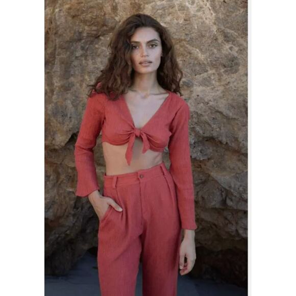 Savannah Morrow Tops - Savannah Morrow Amarillo Top NWT Long Sleeve Tie Crop Bamboo Silk Top XS
